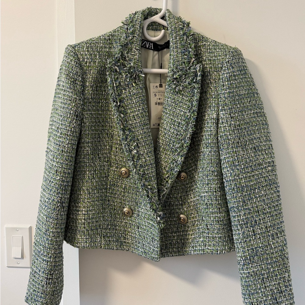 Zara Green Tweed Cropped Double-Breasted Jacket (NWT)